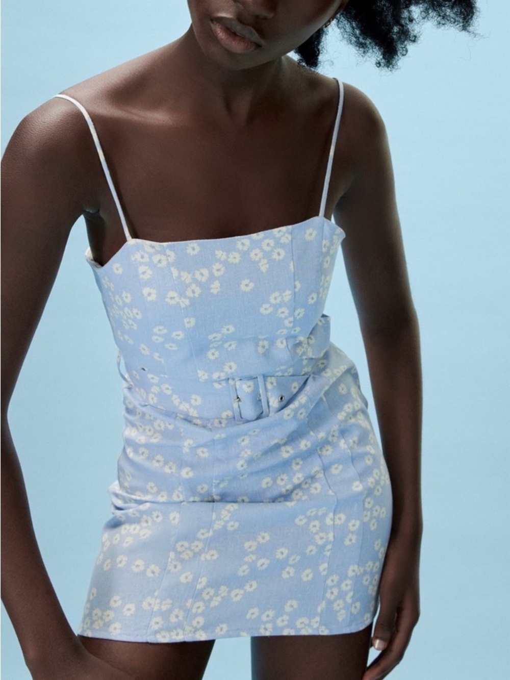Zara blue & white floral spaghetti strap mini dress